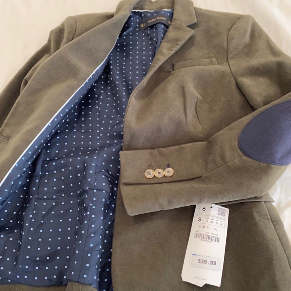 Zara olive velvet blazer with navy elbow patches - Picture 3 of 4